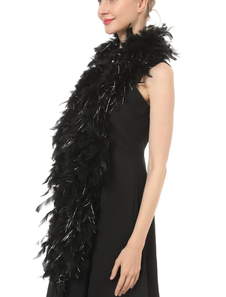 Flydreamfeathers 80 Gram, 2 yards Long Turkey Chandelle Feather Boa 10 Color, Great for Party, Wedding, Halloween Costume, Christmas Tree Decoration (Black w/Silver Tinsel) - Image 4
